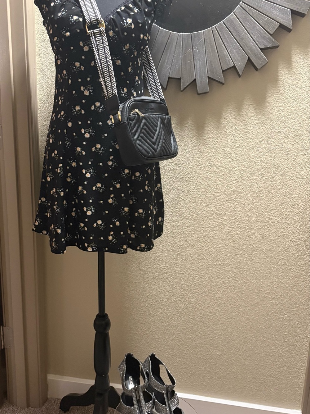 Pair Up Summer Outfits; Black Floral Mini Dress with Quilted Crossbody Bag